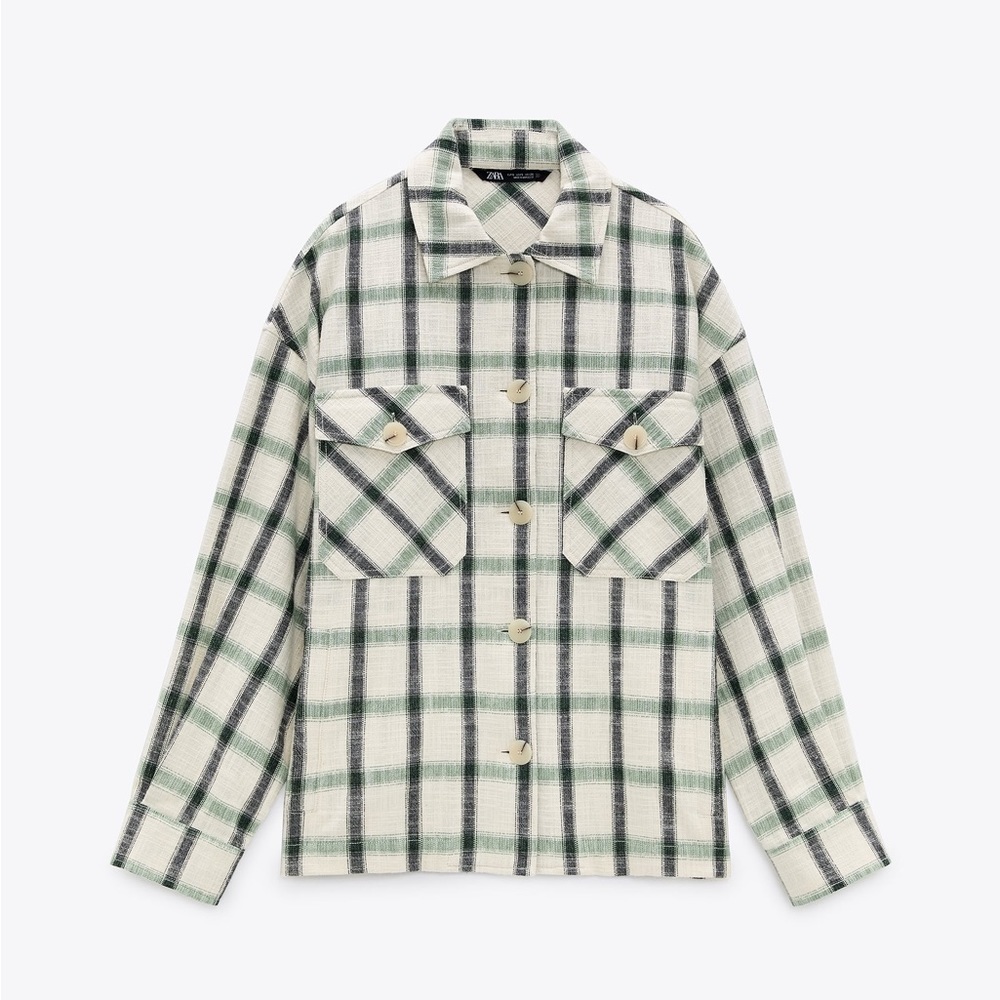 Zara || Plaid Overshirt Shacket Oversized Cream‎ Green XS